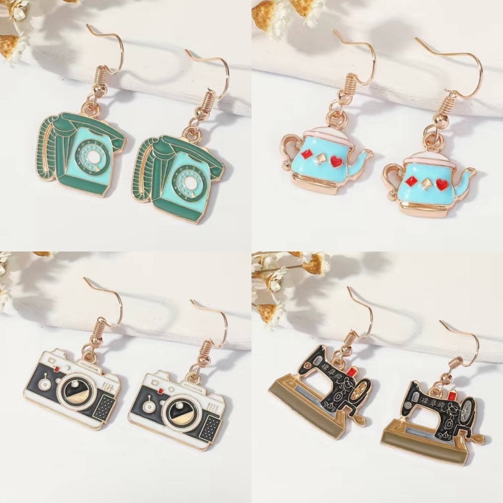 New Cartoon Enamel Sewing Machine, Camera, Teapot, Telephone Earrings